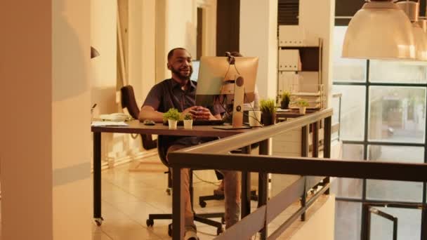 African American Man Talking Online Videoconference Call Using Computer Webcam — Vídeos de Stock