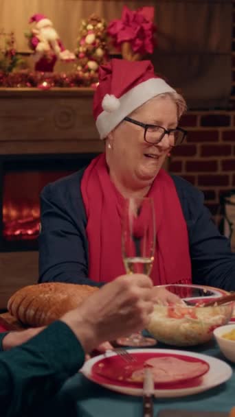 Vertical Video Festive Cheerful Senior Couple Clinking Glasses Champagne While — Wideo stockowe