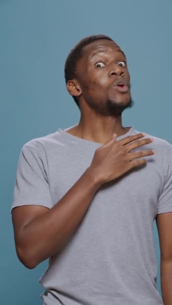 Vertical Video Portrait Male Model Advertising Refuse Stop Gesture Doing — Vídeo de stock