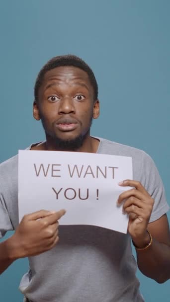 Vertical Video African American Worker Advertising Job Offer Paper Showing — Vídeos de Stock