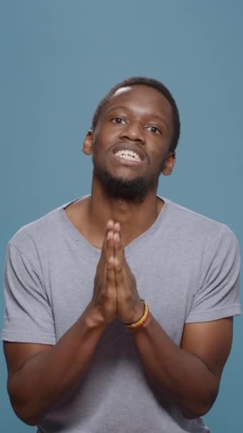 Vertical Video Hopeful Man Doign Prayer Gesture Hands Front Camera — стоковое видео