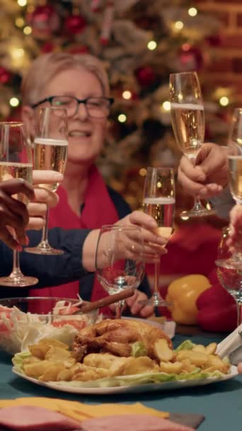 Вертикальне Відео Святкові Різноманітні Члени Сім Насолоджуються Різдвяною Вечерею Вдома — стокове відео