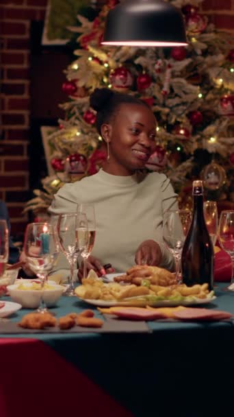 Vertical Video Happy Festive Family Members Enjoying Christmas Dinner Home — Stock Video