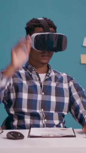 Vertical Video Millennial Man Using Glasses Visual Simulation Playing Virtual — 图库视频影像