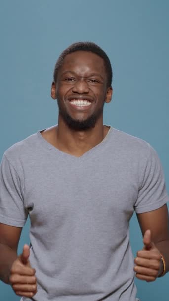 Vertical Video Portrait Smiling Man Celebrating Success Achievement Feeling Happy — Vídeo de Stock