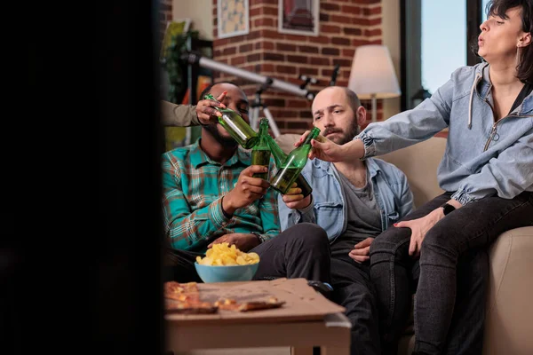 Cheerful People Clinking Bottles Beer Toasting Celebration Doing Cheers Gesture — Stockfoto