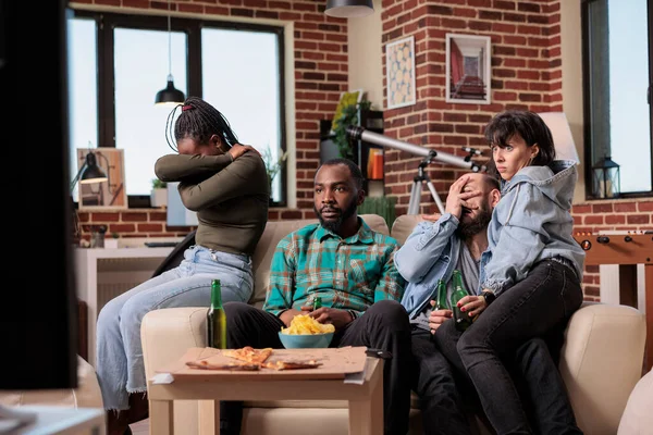 Diverse Group Friends Watching Scary Horror Movie Being Afraid Frightened — Stock Photo, Image