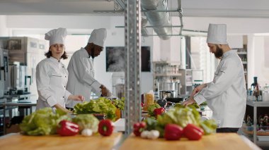 Profesyonel gurme mutfağında çalışan, taze malzemelerle yemek tarifi hazırlayan kadın şefin orijinal portresi. Kolları çapraz olan bir kadın yemek menüsü için yemek hazırlıyor..