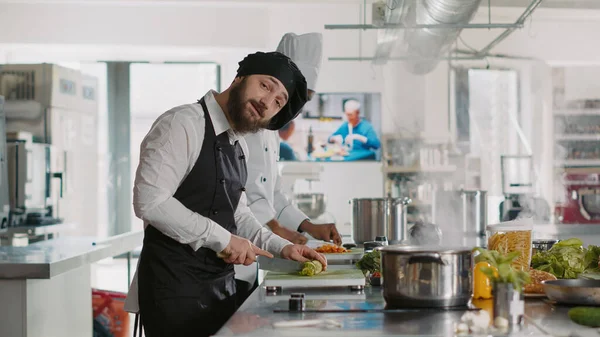 Pov Gourmet Chef Preparing Meal Ingredients Recording Camera Broadcasting Cooking —  Fotos de Stock