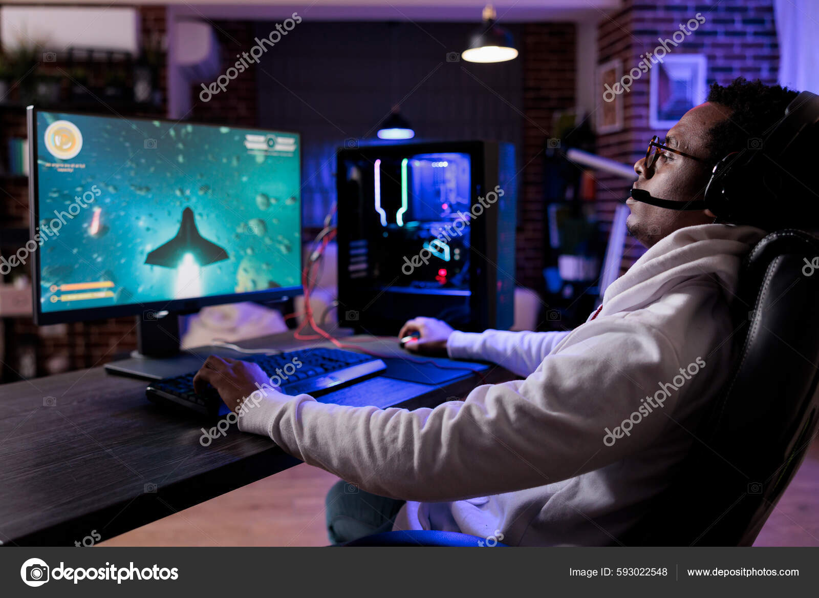 Gaming controller in hands, playing games and online streaming with gamer  competition and esports. Video game tech, streamer person in dark room and  play tournament with joystick and keyboard Stock Photo
