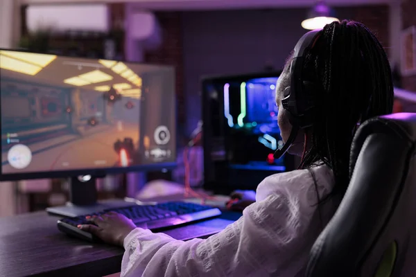Female Streamer Having Fun Video Games Online Play Playing Action — Fotografia de Stock