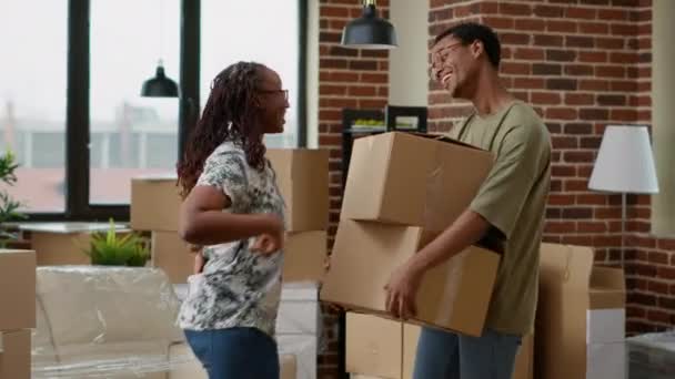 Married Couple Feeling Excited Having Keys New Apartment Flat Buying — Vídeo de stock