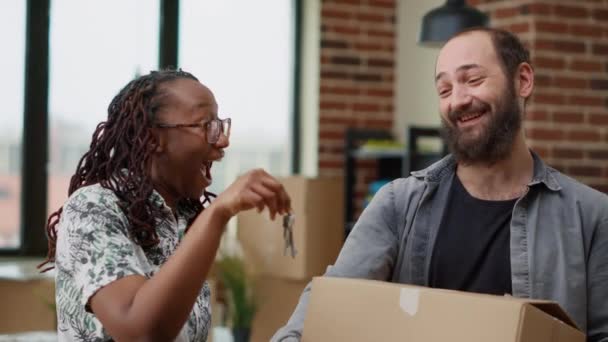 Diverse Married Couple Getting House Keys Move First Apartment Together — Stock Video