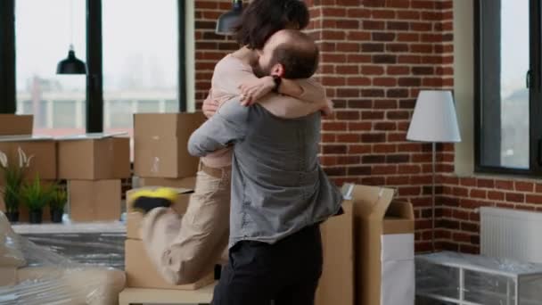 Life Partners Hugging Kissing Moving Together Feeling Happy Relocation Sharing — Stockvideo