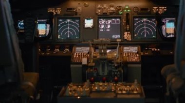 Nobody in empty aviation plane with dashboard control panel to start power engine and fly airplane. Navigation command with windscreen and radar compass, speed handle. Close up.