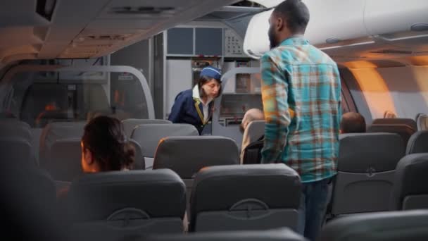 Group Diverse Passengers Boarding Airplane Seats Talking Flight Attendant Airline — Vídeo de Stock