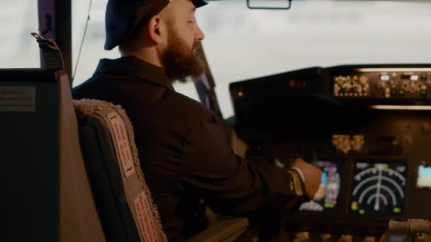 Portrait Airline Captain Sitting Pilot Seat Fly Airplane Using Control — Stock Video