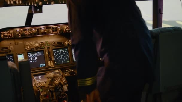 African American Captain Inserting Destination Coordinates Control Panel Dashboard Cockpit — 图库视频影像