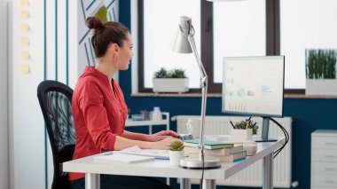 Şirket asistanı iş haritalarını ve grafikleri analiz ediyor, bilgisayardaki mali istatistiklere bakıyor. Satış danışmanı, yürütme raporu oluşturmak için pazarlama veri araştırması kullanıyor.