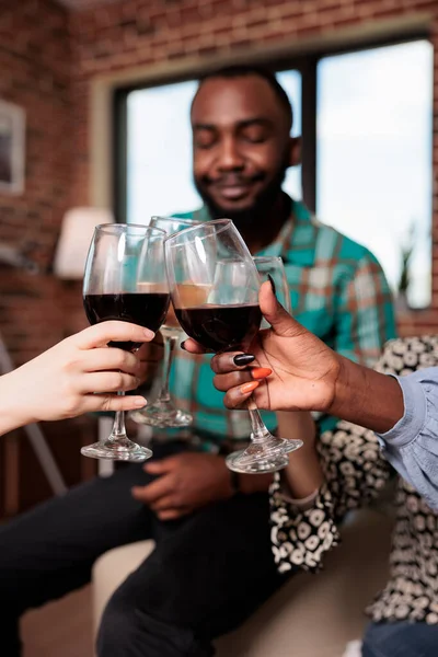 Joyful Multiracial Group Best Friends Toasting Wineglasses While Enjoying Wine — Fotografia de Stock