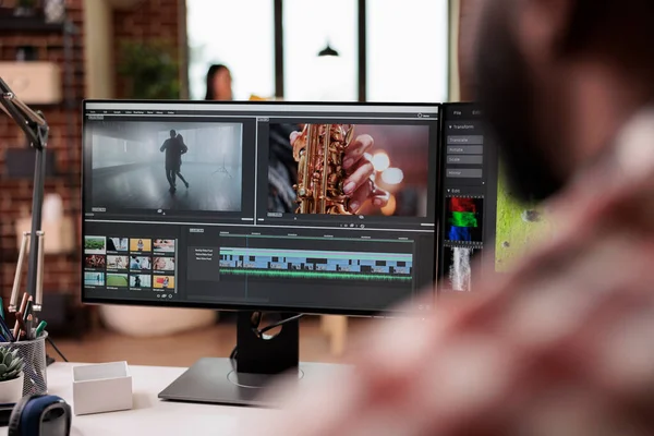 Male Videographer Editing Video Montage Post Production Software Working Computer — Foto Stock