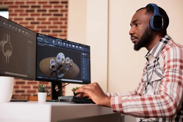 African American Engineer Prototyping Gears Model Manufacturing Software Developing Engine — Stockfoto