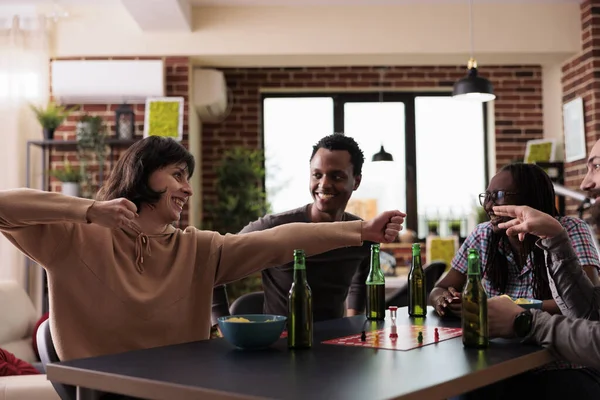 Happy Playful Woman Acting Childish While Sitting Friends Home Enjoying — Fotografia de Stock