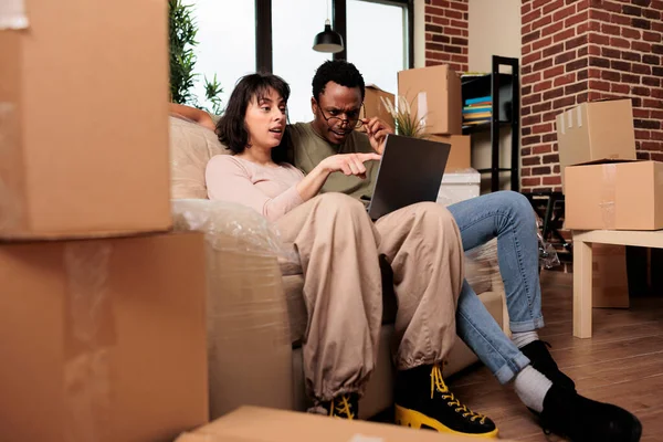 Diverse Man Woman Doing Online Shopping Buy Furniture Browsing Internet — Foto de Stock