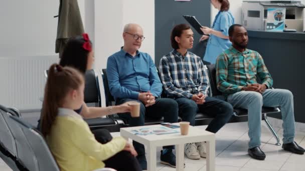 Diverse Group People Sitting Together Hospital Waiting Room Preparing Meet — Video