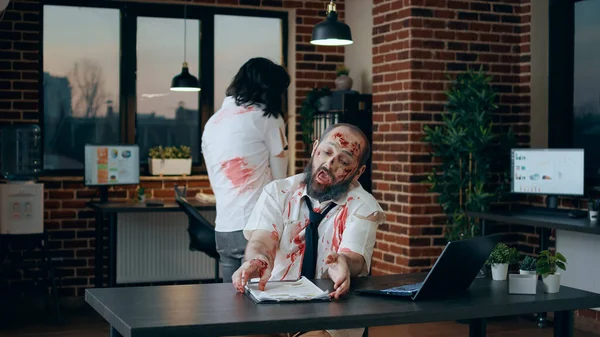Creepy Mindless Zombie Sitting Office While Working Modern Laptop Spooky — Photo