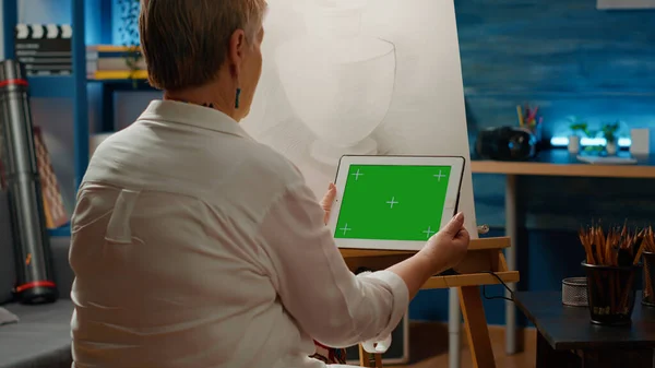 Senior Woman Looking Greenscreen Digital Tablet Drawing Professional Artwork Sketch — Φωτογραφία Αρχείου