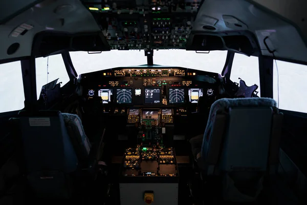 No people in airplane cabin with radar compass windscreen and navigation, control panel command used by captain or pilot to fly aircraft jet. Aerial transportation with engine throttle and dashboard.