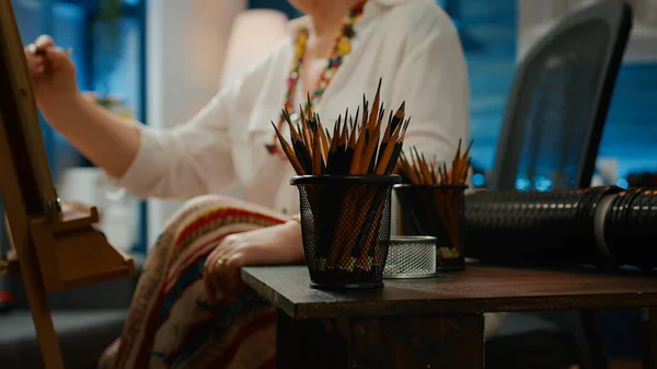 Pencils Artistic Drawing Tools Table Create Artwork Masterpiece Canvas Wooden — Fotografia de Stock
