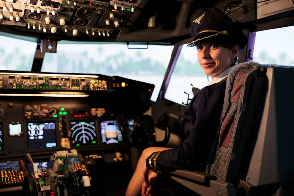 Portrait Woman Copilot Uniform Flying Airplane Jet Cockpit Control Panel — Foto de Stock