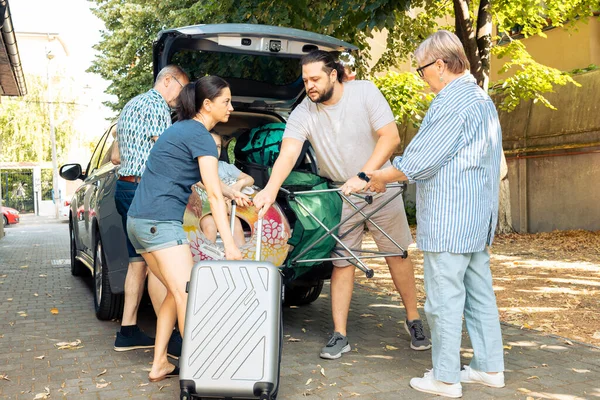 Relaxed People Loading Suitcase Trunk Travel Seaside Vacation Holiday Family — Stok fotoğraf