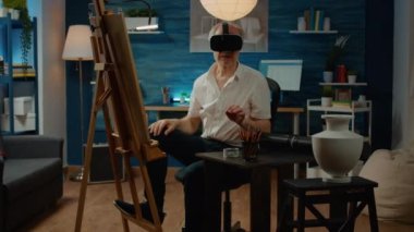 Senior artist drawing vase model with virtual reality glasses, using vr headset with 3d innovation to create futuristic sketch masterpiece. Interactive goggles to draw professional artwork.