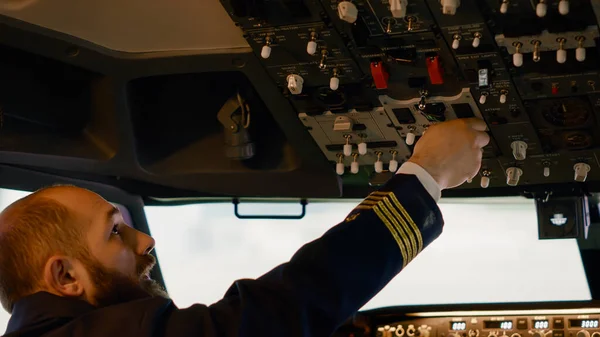 Airplane Captain Starting Engine Power Buttons Dashboard Fly Plane Cockpit — Fotografia de Stock
