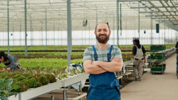 Portrait Smiling Man Posing Arms Crossed Standing Greenhouse Diverse Workers — Stockfoto
