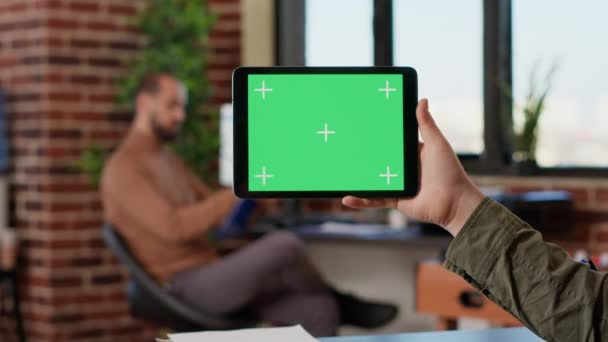 Male Freelancer Holding Horizontal Greenscreen Digital Gadget Using Tablet Blank — 图库视频影像