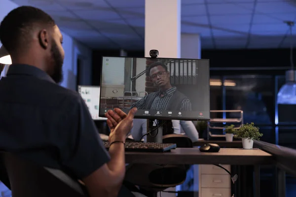 Company Employee Meeting Man Remote Teleconference Chat Using Webcam Computer — Fotografia de Stock