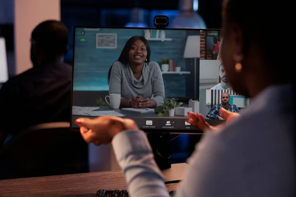 Company Worker Talking Colleagues Remote Videoconference Using Online Telework Videocall — Fotografia de Stock