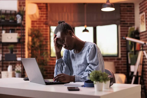 Overworked Young Female Freelancer Working Laptop Modern Home Office Burnout — Foto Stock