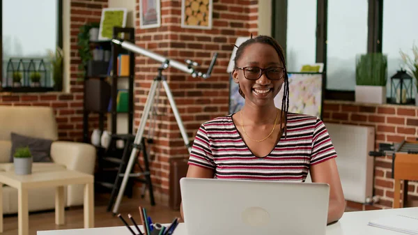 Portrait Businesswoman Working Laptop Home Doing Freelance Job Remote Work — 스톡 사진