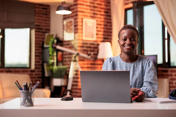 Female Smiling Freelancer Working Laptop Modern Home Office Young Successful — Φωτογραφία Αρχείου