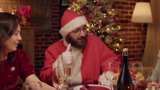 Funny Husband Disguised Santa Claus Discussing People While Celebrating Winter — Stockvideo