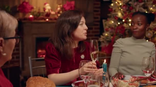 Festive Happy Woman Toasting Family Members While Enjoying Home Cooked — Stockvideo