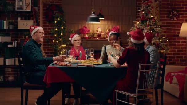 Festive Diverse People Wearing Traditional Hats Enjoying Winter Holiday Together — Vídeo de stock