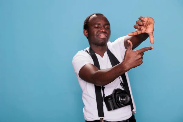 Young Guy Dslr Device Gesturing Taking Photo Hands Confident Professional — Stockfoto