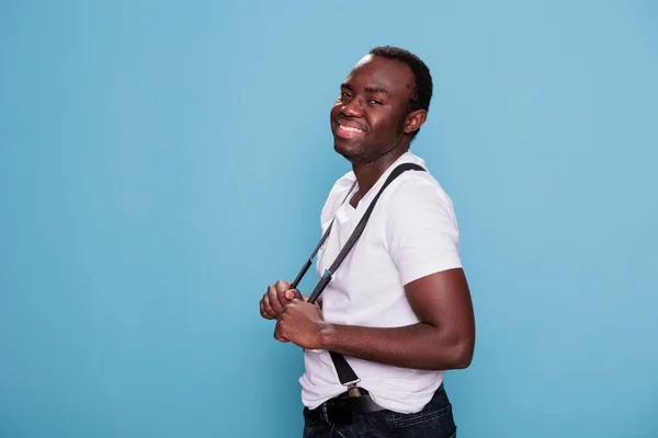 Joyful African American Man Smiling Heartily While Posing Camera Blue — Stock Fotó