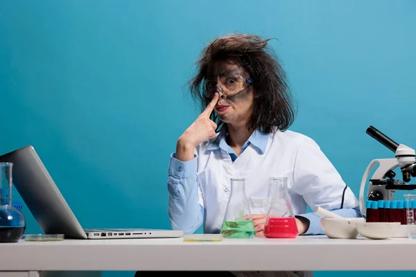 Portrait Crazy Amusing Chemist Acting Funny Having Dirty Face Messy —  Fotos de Stock